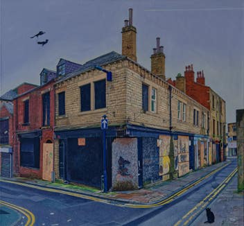 A black cat and two crows